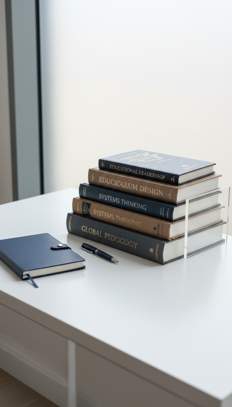 A neatly stacked collection of hardcover educational books, featuring muted tan, grey, and navy covers with embossed titles, arranged on a clean white desk. A sleek, transparent acrylic bookend supports the stack, and a closed navy leather-bound notebook sits nearby, reflecting a structured workspace. Natural daylight pours in through a frosted glass window in the background, casting soft, balanced illumination across the desk and subtle shadows around the books. The scene conveys calm professionalism and organized creativity. Captured from a slightly elevated angle with sharp focus and balanced composition, the image style is photographic realism with clean lines and neutral tones, ideal for an education consulting brand homepage.